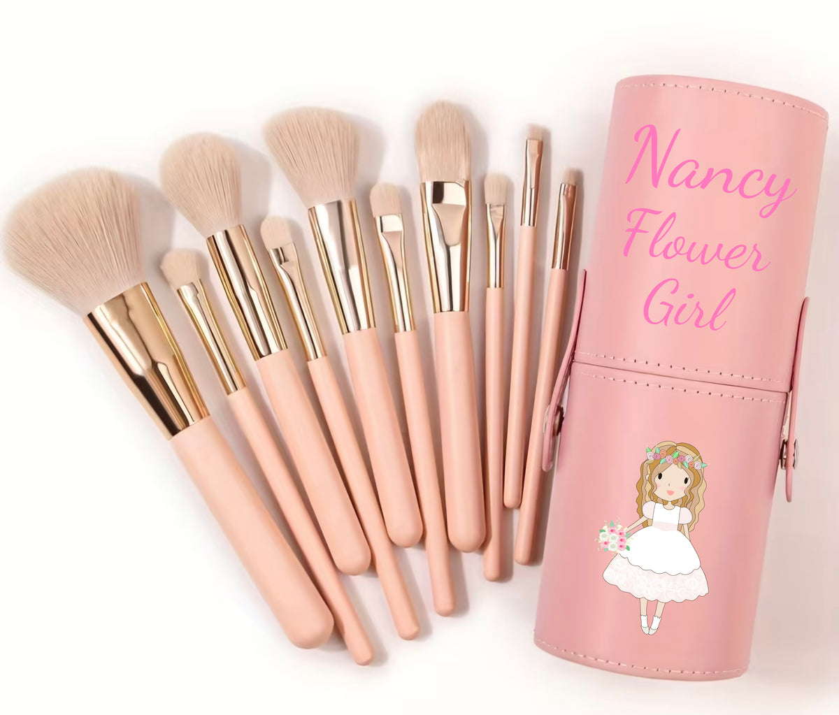 Personalised Makeup Brush Set & hairbrush for Bridesmaid Flower Girl
