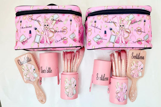 Personalised Makeup Brush Set, vanity case & hairbrush Bridesmaid Birthday Gift Christmas p Louise inspired